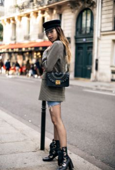 Paris-fashion-week-street-style-parisian-sailor-cap-denim-mini-skirt-checked-blazer-chloe-similar-lace-up-boots-trends-2016